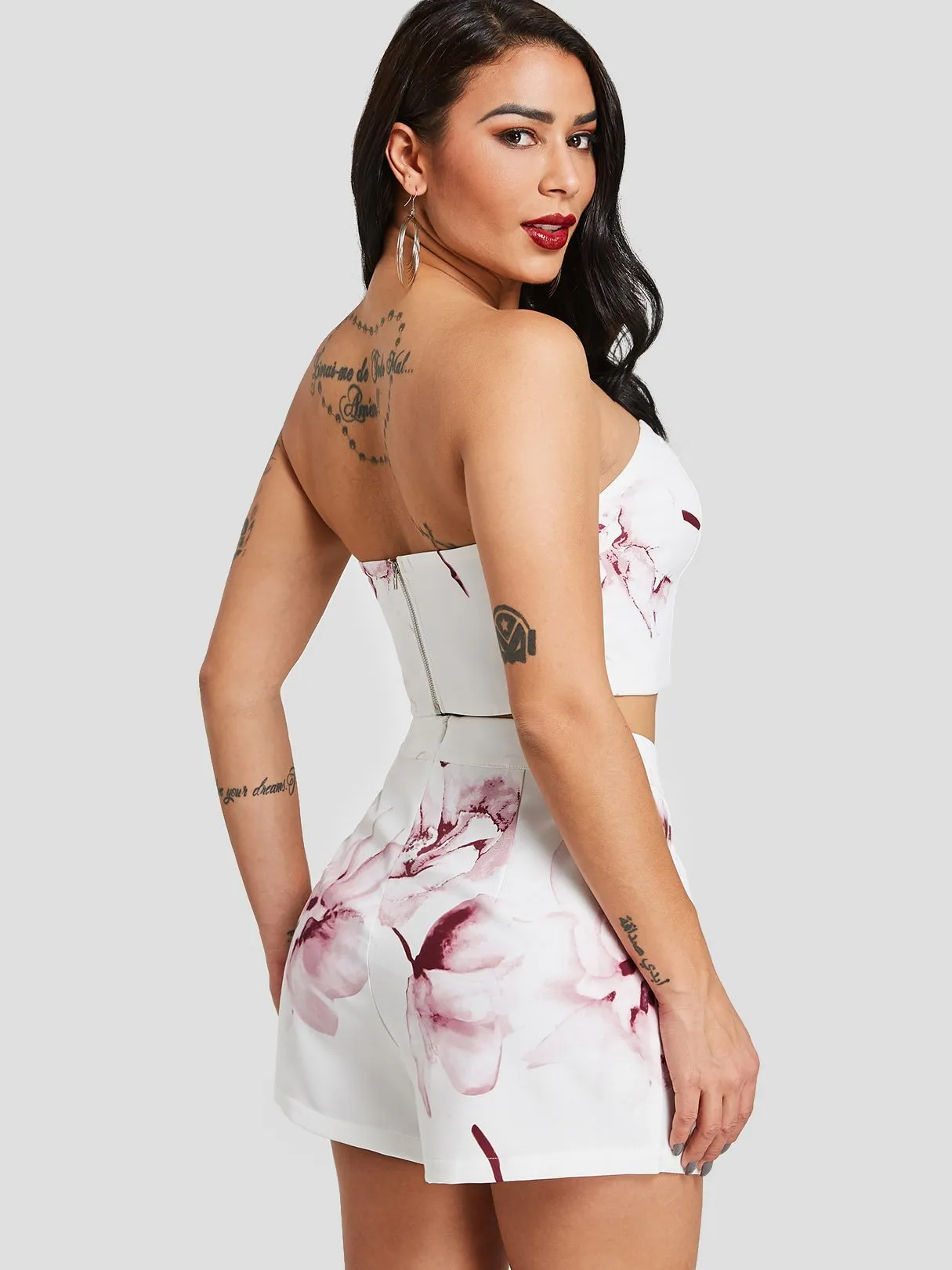 Custom Tube Top Floral Print Sleeveless White Two Piece Outfits