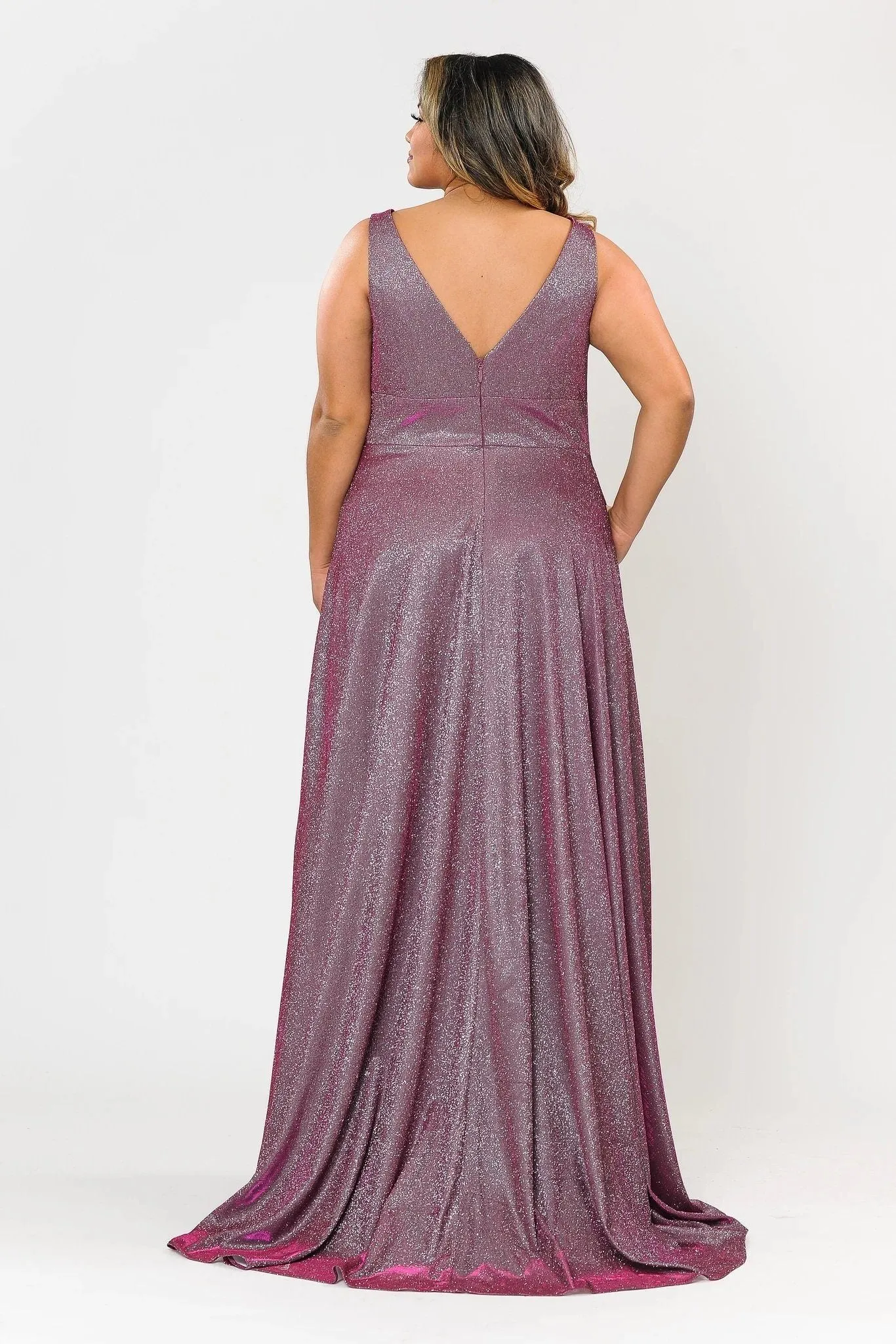 Plus Size Long Metallic Glitter V-Neck Dress by Poly USA W1036