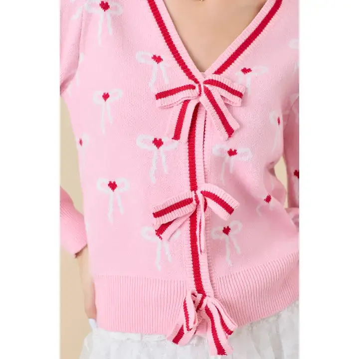 Sweater Knit Cardigan with Ribbon Bow Detail